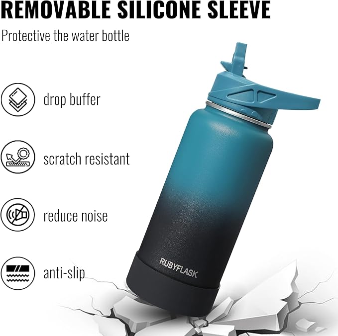 RUBYFLASK 32oz Insulated Water Bottle with Straw, Stainless Steel Metal Vacuum Water Flask, Large Thermal Water bottle with Leakproof 3 Lids for Travel, Camping, Gym Sports Black Gray