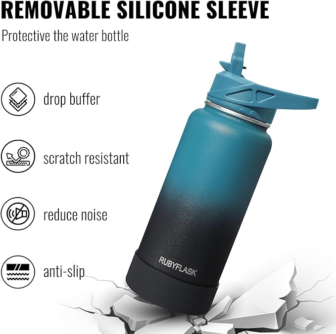 RUBYFLASK 64oz Insulated Water Bottle with Straw, Half Gallon Stainless Steel Vacuum Water Jug, Large Thermal Water Bottle Flask with Leakproof 3 Lids for Travel, Camping, Gym Sports Armygreen