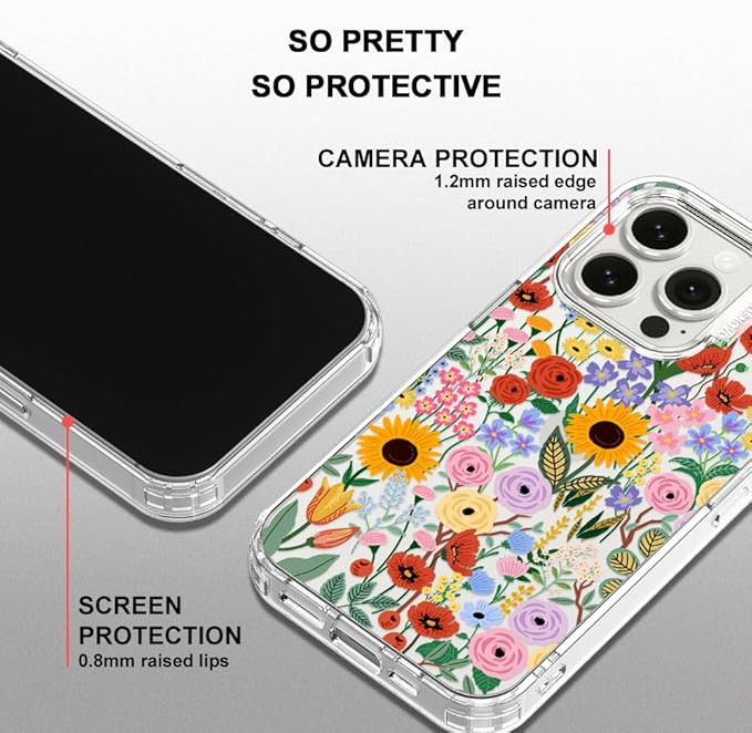 MOSNOVO Case for iPhone 15 Pro, [Buffertech 6.6ft Military-Grade Drop Protection] [Anti Peel Off Tech] Clear TPU Bumper Phone Case Cover Design - Blossom & Bloom
