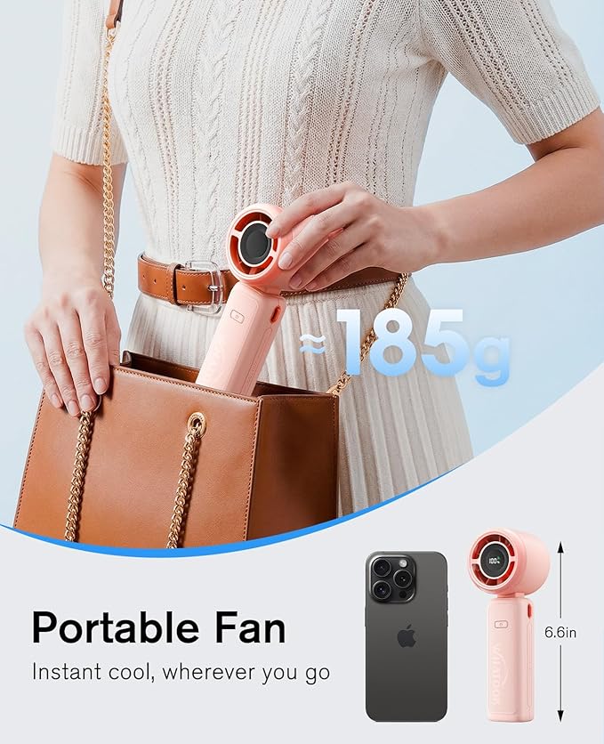 WHATOOK Portable Personal Handheld Fan: High Speed Cooling Fan, 12 Hours Battery Life, USB Rechargeable, Small Essentials for Women Cruise Travel, Beach Vacation (Pink)