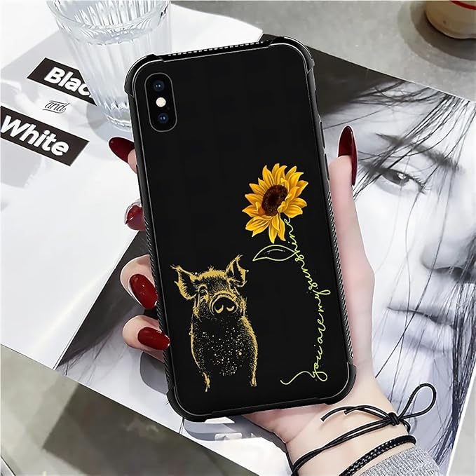 for iPhone Xs Max Case, Pig Sunflower Yellow Sunshine Pattern Graphic Design Girl Boy Soft Silicone Hard Acrylic Shock Protection for iPhone Xs Max