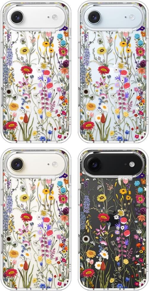 MOSNOVO for iPhone Air Case | Military Grade 6.6ft Drop Tested | Camera Control | Clear with Wildflower Meadow Design