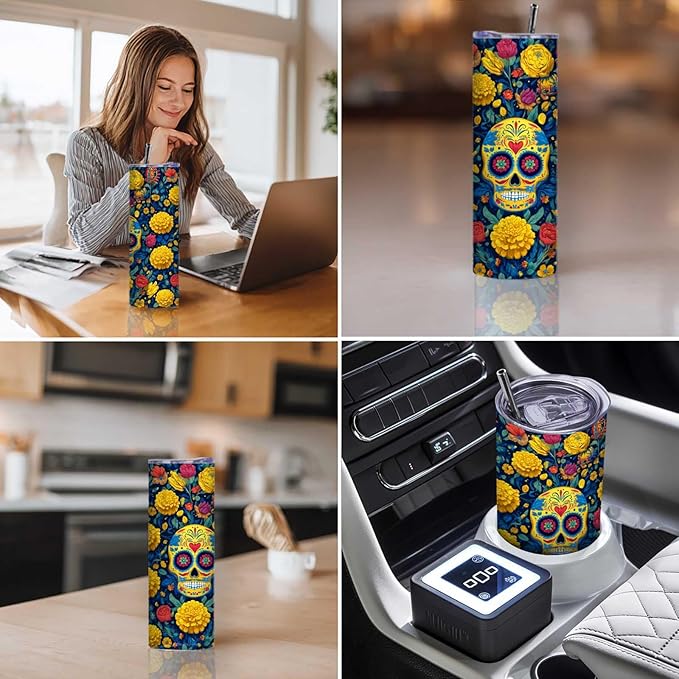 Firmiso 20 oz Tumbler | Insulated Skinny Travel Mug with Leak-proof Lid and Telescopic Straw | Sugar Skull Stainless Steel Hot & Cold Cup | Skull Floral Inspired Gifts for Women and Men