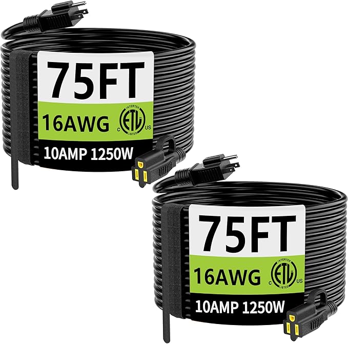 HUANCHAIN Indoor Outdoor Black Extension Cord 75 Ft 2 Pack Waterproof, 16/3 Gauge Flexible Cold-Resistant Appliance Extension Cable Outside, 10A 1250W 16AWG SJTW, 3 Prong Electric Cord, ETL