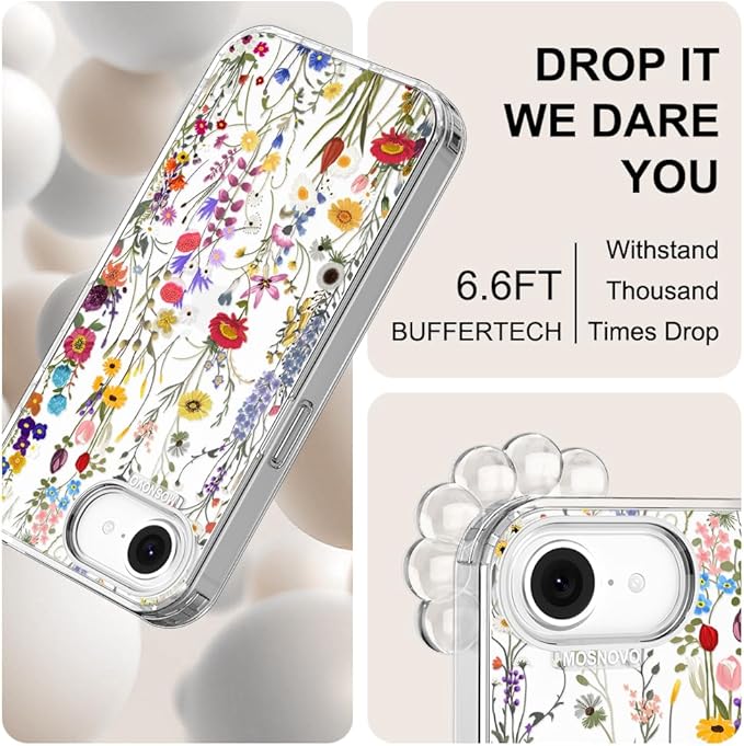 MOSNOVO for iPhone 17e Case/iPhone 16e Case, Shockproof Military-Grade Protection 6.6ft Drop Tested, Clear Phone Case for iPhone 16e / iPhone 17e, Wildflower Meadow Design