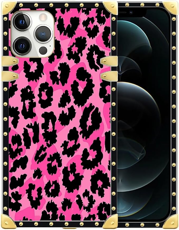 Compatible with iPhone 12 Case, Pink Black Leopard Luxury Golden Decoration for Girl Women Soft TPU Shockproof Protective Hard PC Back for iPhone 12 Pro