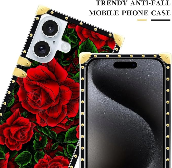 Compatible with iPhone 16 Plus Case, Vector Red Rose Green Leaf Luxury Golden Decoration for Girl Women Soft TPU Shockproof Protective Hard PC Back