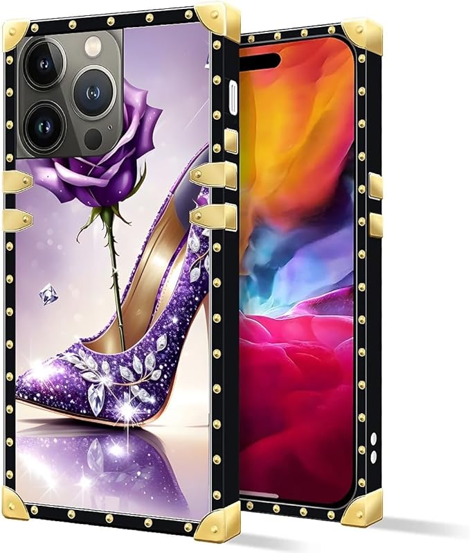 Compatible with iPhone 15 Pro Max Case, High Heeled Purple Diamond Rose Luxury Golden Decoration for Girl Women Soft TPU Shockproof Protective Hard PC Back for iPhone 15 Pro Max