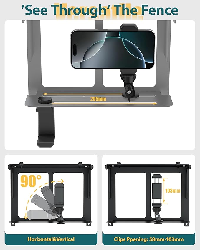 Stouchi Game Changer Mounting Kit, Fence Mount with Adjustable Sun Shade Power Bank Clip, Stable No-Shake Recording Kit for iPhone, Samsung, GoPro, Mevo Start for Baseball Softball Tennis