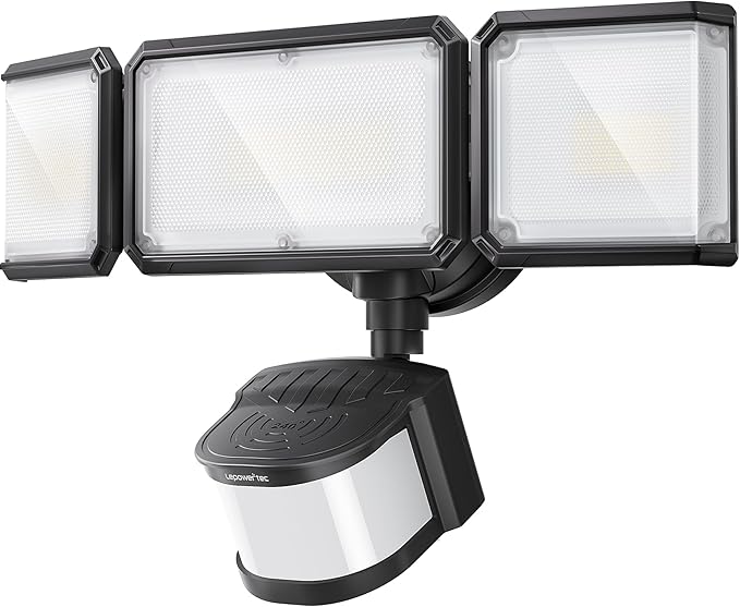 LEPOWER-TEC Zero Blind Spots Outdoor Security Light with 240° & 100ft Dual PIR Motion Sensor, 7000LM Adjustable Flood Light Brightness for Garage Driveway, Dusk to Dawn, IP65, Easy Hardwired Install