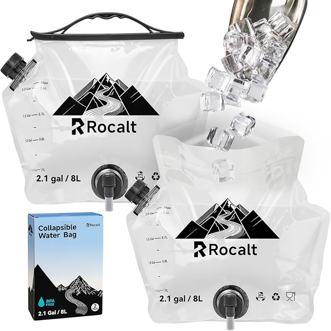 Rocalt 2 Pack Collapsible Water Container with Spigot, 2.1 Gallon Foldable Camping Water Storage, BPA Free Emergency Water Container with Wide Mouth Opening for Survival & Disaster Preparedness