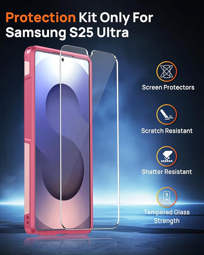 Lanhiem for Samsung Galaxy S25 Ultra Phone Case with Tempered Glass Screen Protector, Shock Absorption, Anti-Scratch Shockproof Case Cover for Samsung S25 Ultra, Pink