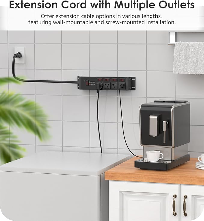 CCCEI Heavy Duty Surge Protector Power Strip 20 Amp Individual Switches. 10FT 12 Gauge Extension Cord with Multiple Outlets. Kitchen, Garage, Shop, Industrial Wall Mount Electric Extender, Black.