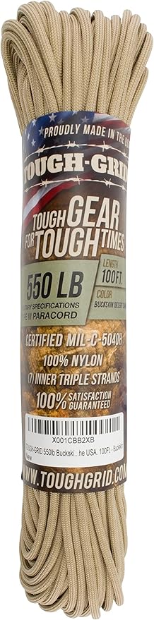 TOUGH-GRID 550 Paracord, Type III Mil-Spec Nylon Rope - 100 Ft Buckskin Tactical Survival Cord