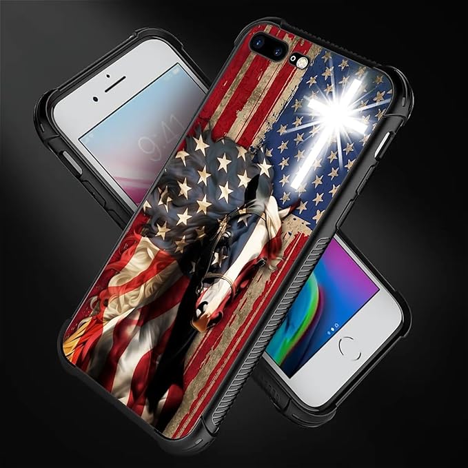 for iPhone 7/8 Case, Red American Flag Horse Cross Pattern Made of Soft Silicone Hard Acrylic Shock Protection for iPhone 7/8