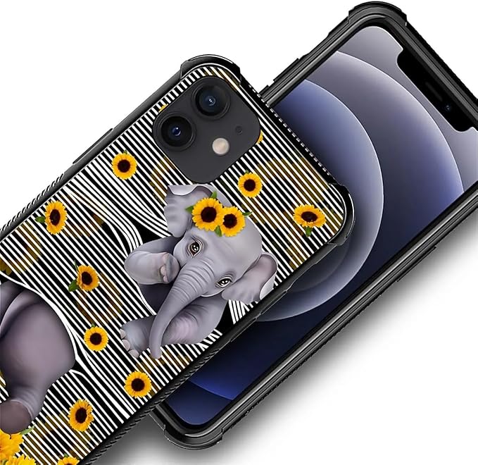 for iPhone 12 Mini Case, Cute Little Elephant Sunflower White Line Art Pattern Made of Soft Silicone Hard Acrylic Shock Protection for iPhone 12 Mini