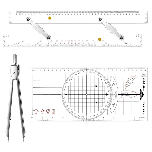 3 Pcs Basic Navigation Set, Include 16 Inch Parallel Ruler with Brass Arms Nautical Protractor Navigation Divider with Clear Scales, 6 Inch Marine Fixed Points Divider for Boat