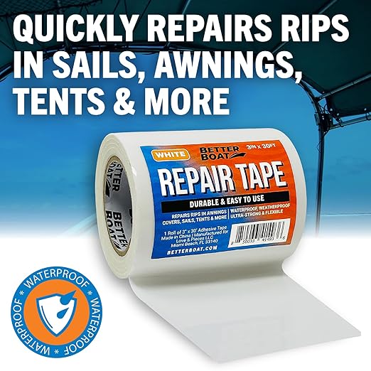 Better Boat Repair Tape for Fabric and Vinyl 30ft x 3in, White Waterproof Patch Tape for RV Awning Canvas Tent Tarp Sail Canopy Boat Cover, Heavy Duty
