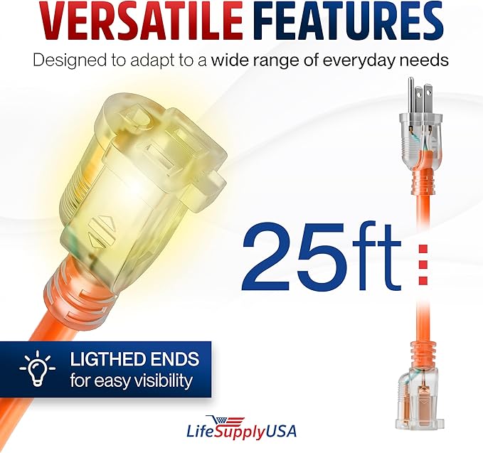 25ft Outdoor/Indoor Extension Cord 16/3 Gauge Heavy Duty 3 Prong SJTW, Waterproof, Flexible Cold-Resistant Long Power Cord,13A 125V 1625W, Orange by LifeSupplyUSA