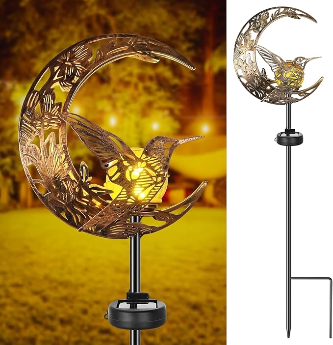 VIHOSE Solar Hummingbird Outdoor Lights Waterproof Moon Garden Stake Lights Warm White LED Decorative Pathway Lighting for Yard, Lawn, Gifts for Mom, Women & Gardening Lovers
