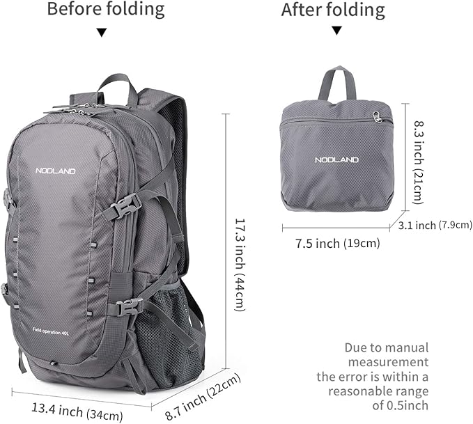 NODLAND Lightweight Backpack, Travel 40L Foldable Water-Resistant Daypack, Hiking Outdoor Camping Rucksack for Men Women