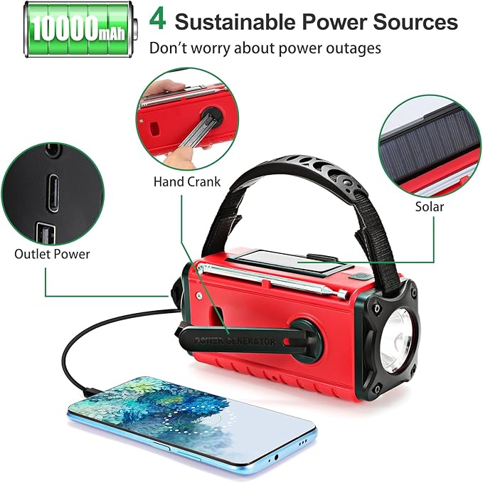 Emergency Weather Radio 10000mAh, Portable Radio with Solar Charging, Hand Crank & Battery Operated NOAA Alert, LCD Display, SOS Alarm, AM/FM & LED Flashlight, Clock Radio for Outdoor Emergency