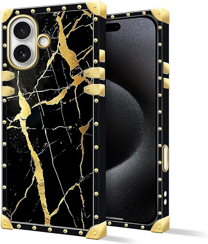for iPhone 17 Case Luxury Golden Decoration for Girl Women Soft TPU Shockproof Protective Hard PC Back for iPhone 17 Crazy Pattern Black Gold Marble Nature