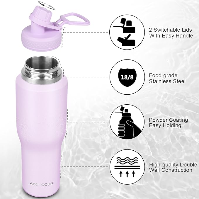 ABOTOCUP 32oz Insulated Water Bottle, Fit in Any Car Cup Holder, Water Bottle with Straw Lids, Stainless Steel Insulated Water Flask Double Wall Leak-proof BPA Free to Keep Cold&Hot