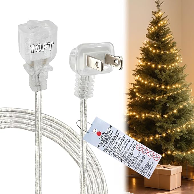 10 FT Clear Extension Cord,Indoor Thin 2 Prong Extension Cord with Flat Plug, Invisible Slim Extension Cable for Christmas Lights, Lamps & Holiday Lighting (18AWG, 10A/125V)