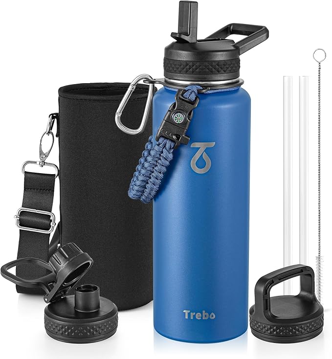 Trebo Water Bottle 40oz with Paracord Handle, Half Gallon Large Vacuum Triple Wall Stainless Steel Insulated Water Jug with Holder Strap Straw Spout Lids, Leakproof Keep Cold & Hot,Classic Blue