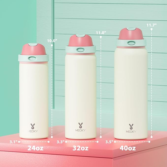 40 oz Insulated Water Bottle with Straw: Meoky Stainless Steel Metal Water Bottle with 2-in-1 Lid - Leak Proof, Cold for 24 Hours, Protective Silicone Base, BPA-Free for Sports Gym, Cream