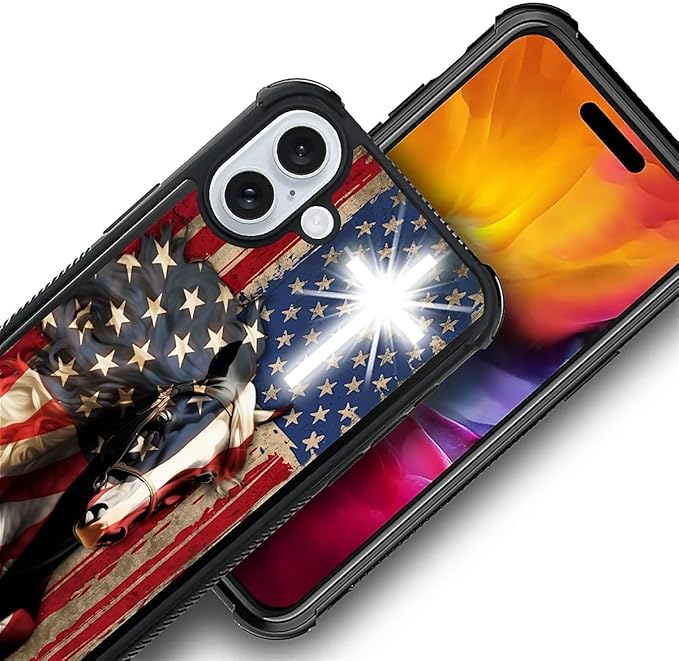 for iPhone 16 Plus Case, Red American Flag Horse Cross Pattern Graphic Design Girl Boy Soft Silicone Hard Acrylic Shock Protection for iPhone 16 Plus
