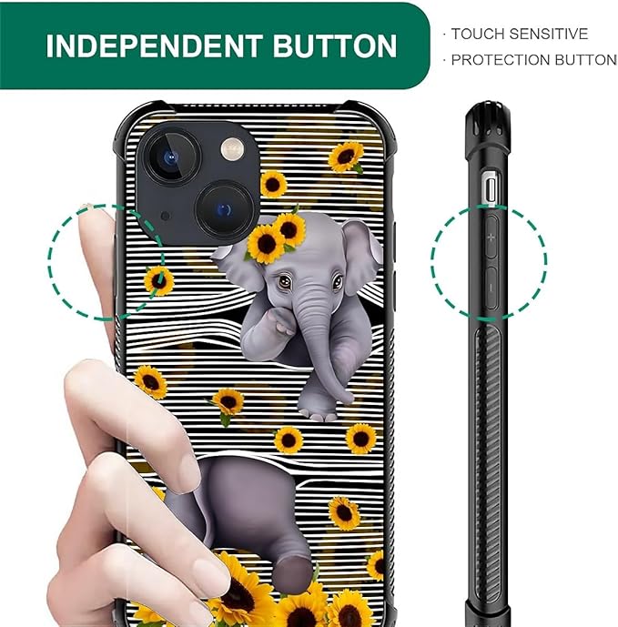 for iPhone 13 Case, Cute Little Elephant Sunflower White Line Art Pattern Graphic Design Girl Boy Soft Silicone Hard Acrylic Shock Protection for iPhone 13