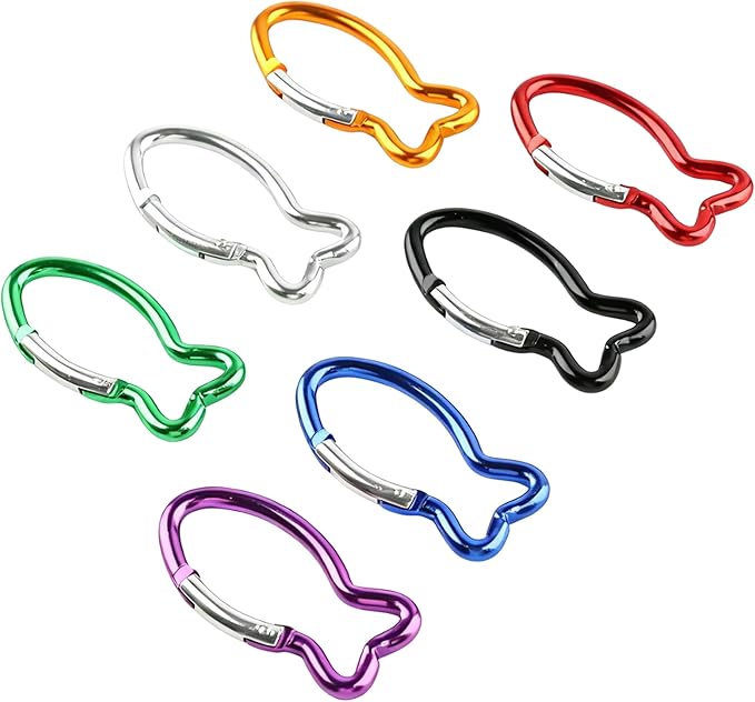 7Pcs Cute Fish Shape Carabiner Clips, 2.4inch Colorful Mini Aluminum Alloy Spring Keychain Key Ring