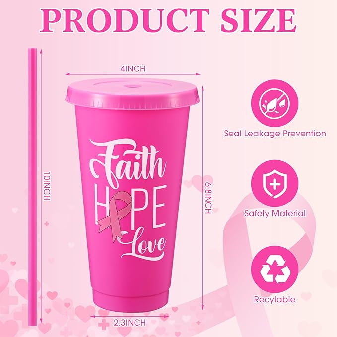 Willinglong 60 Pack Breast Cancer Awareness Gifts Plastic Cups with Lids and Straws 24oz October Pink Ribbon Tumblers in 12 Designs Party Favor Supplies for Women Events Fundraisers Office