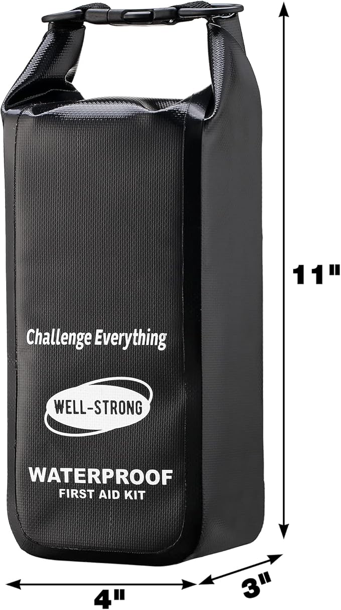 Boat First Aid Kit Waterproof, WELL-STRONG Marine Emergency Kit with Roll Top Dry Bag for Boating Fishing Kayaking – Water-Resistant Contents for Camping & Beach（Black）