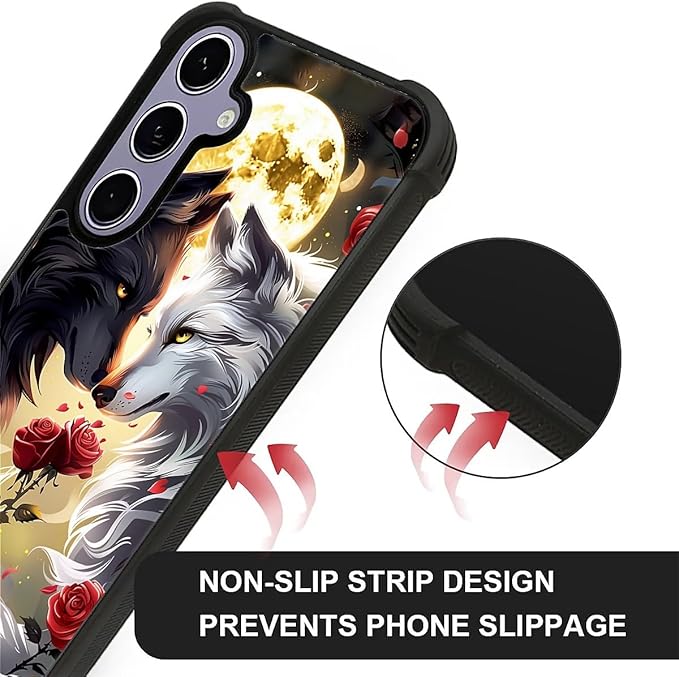 for Samsung Galaxy S24 S25 Case, Black White Wolf Moon Flower Rose Pattern Graphic Design Girl Boy Soft Silicone Hard Acrylic Shock Protection for Samsung Galaxy S24 S25