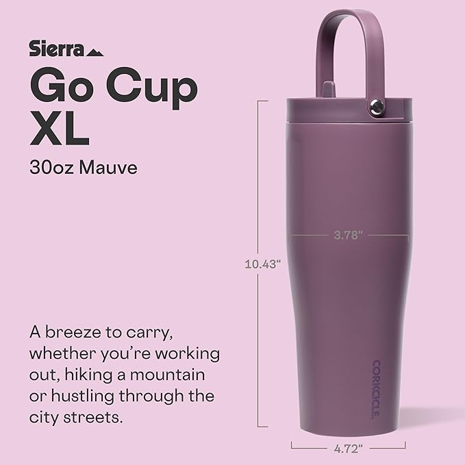Corkcicle Go Cup XL - Leak-Proof Travel Tumbler - Triple Insulated Stainless Steel Water Bottle - Easy-Carry Handle - Summer Drinkware Gift - Keeps Drinks Ice Cold - 30 oz - Mauve