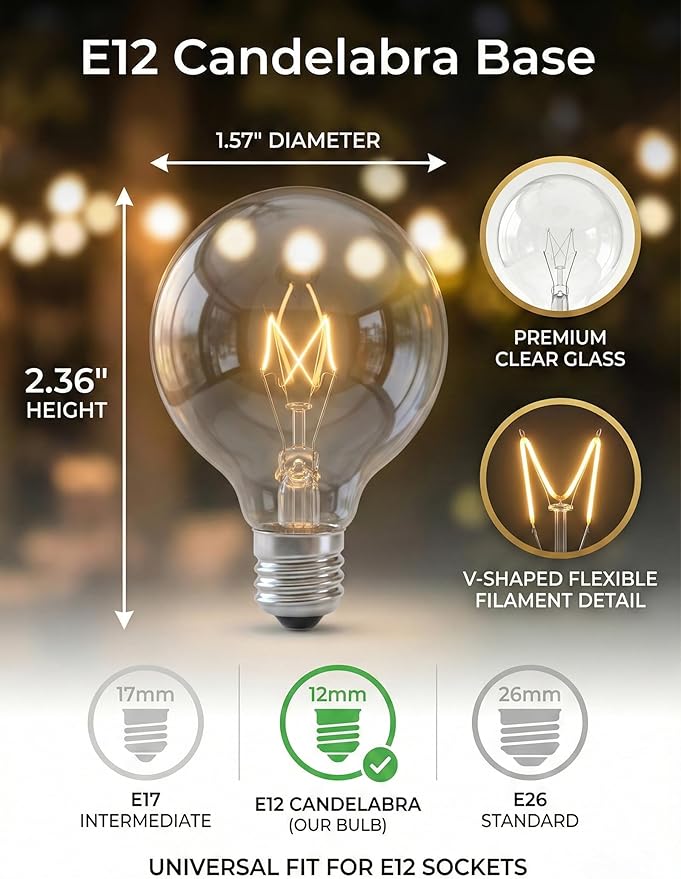 G40 Replacement Bulbs, 15 Pack Incandescent Light Bulbs for Outdoor String Lights, 5 Watt E12 Bulb Candelabra Base, Clear Globe Light Bulbs for Patio Cafe Garden Decor, Warm White 120V 5W