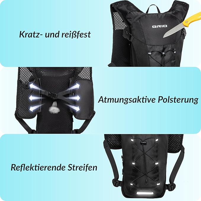 GRIO Hydration Running Vest for Women Men, Water Backpack for Hiking ,with 1.5L Water Bladder, Lightweight Breathable Reflective Hydration Pack for Marathon, Trail, Hiking, Cycling