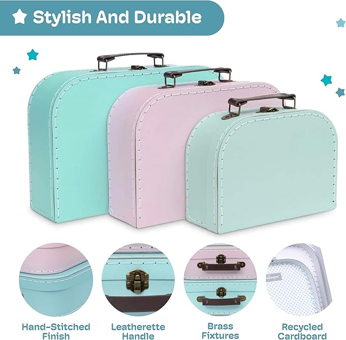 Jewelkeeper Paperboard Suitcases - Set of 3 Decorative Vintage Storage Boxes - Retro Luggage Decor for Birthdays, Weddings, Nursery, or Home Display - Pastel Cardboard Storage Box Set