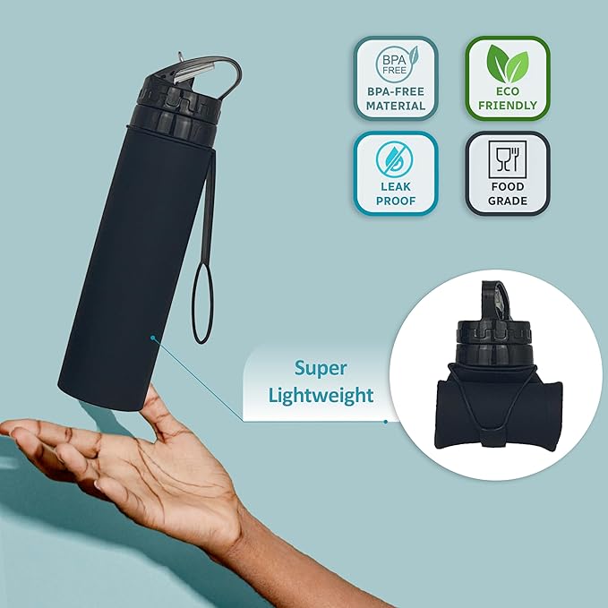 Collapsible Water Bottles 20oz, Odorless BPA-Free Silicone, Leak-Proof Foldable Reusable Bottle - Perfect for Cruise Travel Sports Gym Hiking Camping Cycling - Black