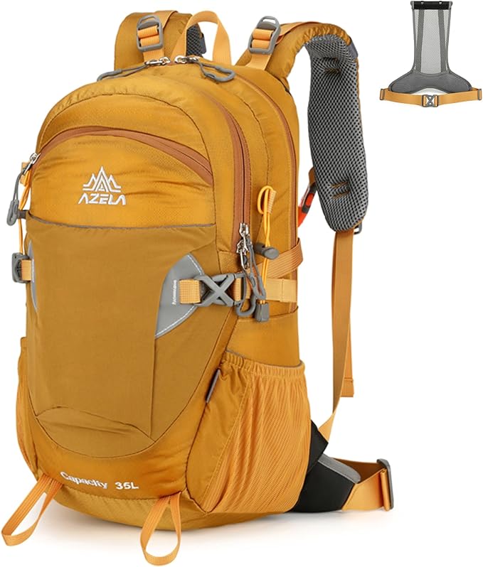 35L Hiking Backpack Detachable Frame Backpack with Rain Cover Waterptoof Travel Backpack for Women Men Daypack for Camping (Yellow)