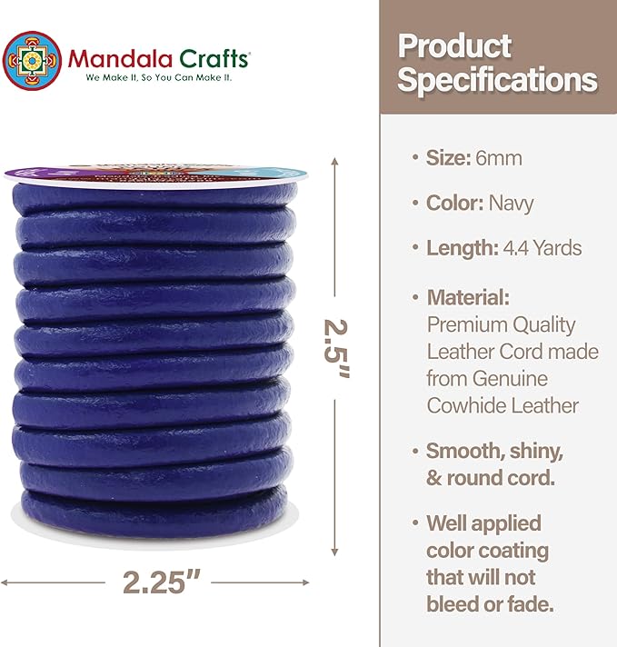 Mandala Crafts Round Genuine Navy Blue Leather Cord for Jewelry Making – 6mm Cowhide Leather Rope String Lace for Kumihimo – 4.4 Yards Cowhide Craft Cording Spool