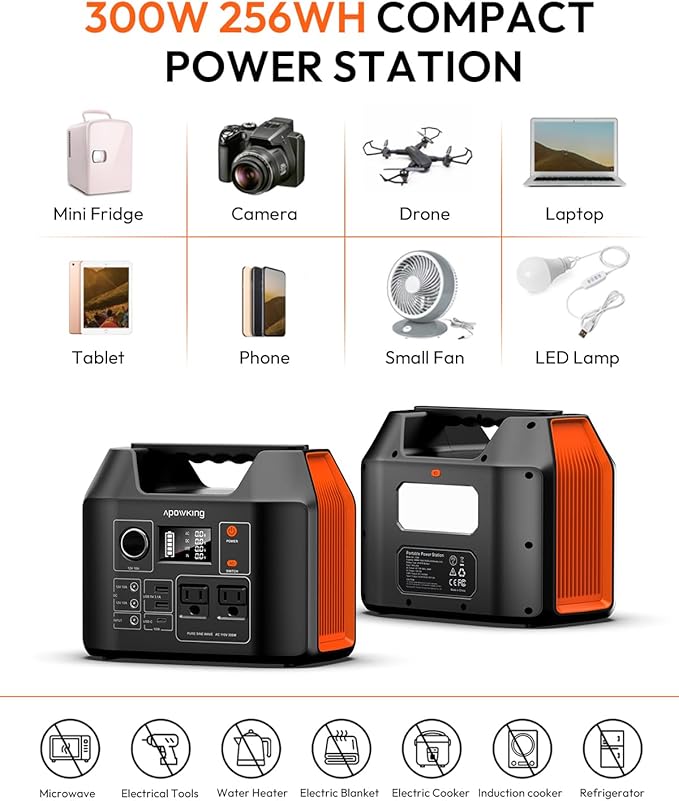 Solar Powered Generator, 300W Portable Power Station with Solar Panel 40W Included, 110V Pure Sine Wave 256Wh LiFePO4 Battery Pack with AC Outlet for Camping, Home Emergency, Traveling, RV Trip