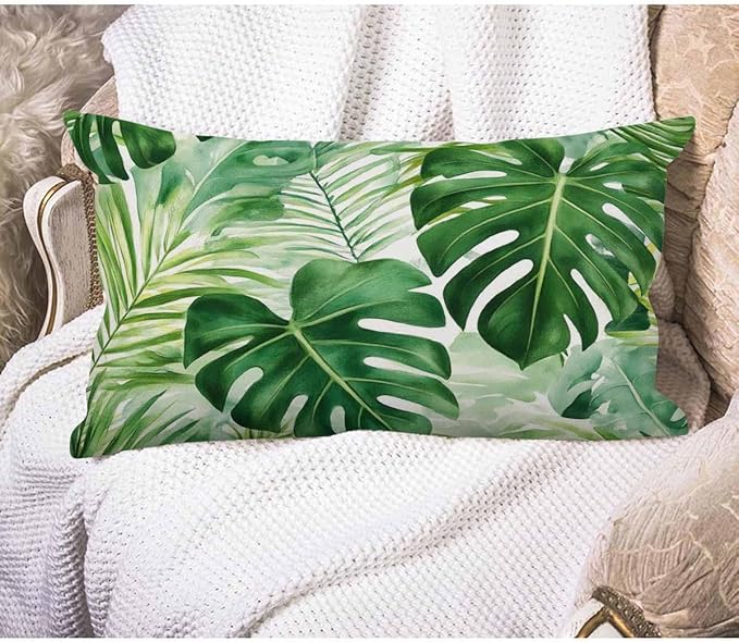 EKOBLA Throw Pillow Cover Green Tropical Palm Fern Leaves Jungle Foliage Farmhouse Decorative Pillow Cases Cotton Linen 12x20 Inch Cushion Cover for Sofa Couch Decoration