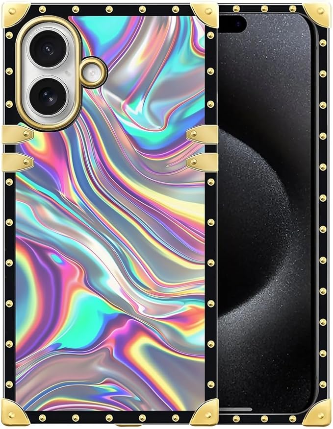 for iPhone 17 Case Luxury Golden Decoration for Girl Women Soft TPU Shockproof Protective Hard PC Back for iPhone 17 Crazy Pattern Holographic Abstract Iridescent Textures