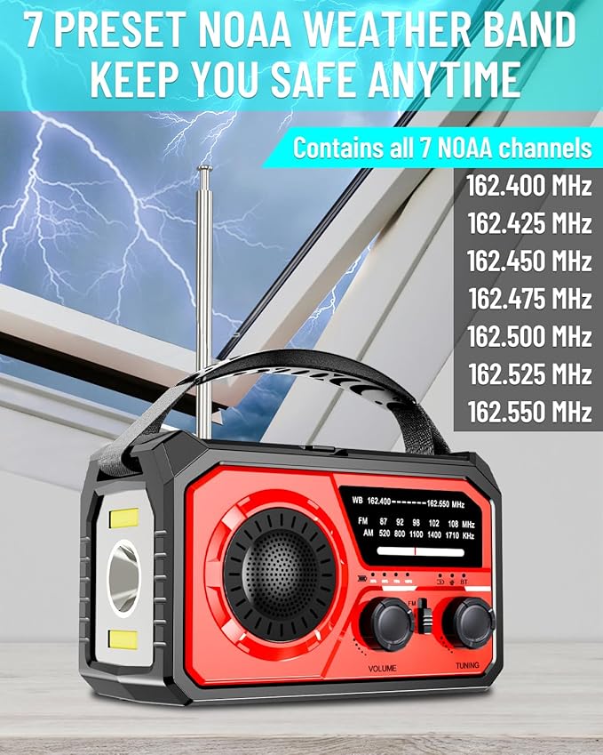 16000mAh Emergency Weather Radio, AM/FM/NOAA Weather Alert Radio Hand Crank/Solar/Type-C Fast Rechargeable Outdoor Radio with Reading Lamp/SOS Alarm/3 Mode Flashlight/Power Bank (Red)