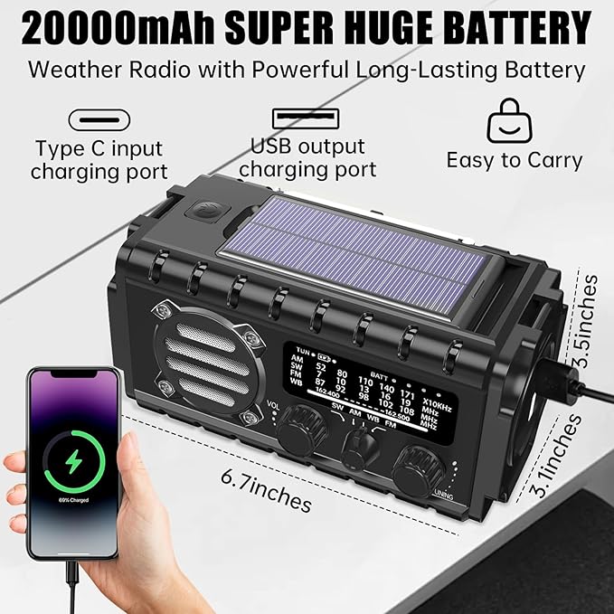 Aivica 20000mah Emergency Radio, SW/NOAA/AM/FM Weather Radio, Solar Powered Hand Crank Chager with Bige Batery Powered,Portable,Cellphone Charge,SOS,Flashlight for Emergency/Home (Black)