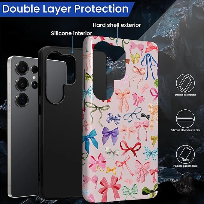 for Samsung Galaxy S25 Ultra Case,HL2 Aesthetic Color Bow Tie Hybrid 2 Layer Hard Shell Silicone Protective Pattern Design Case